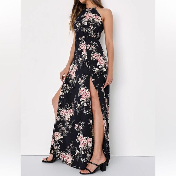 Lulus Feel The Music Dress Floral Maxi Halter Flowy Long Midnight Blue XS New - Picture 3 of 11